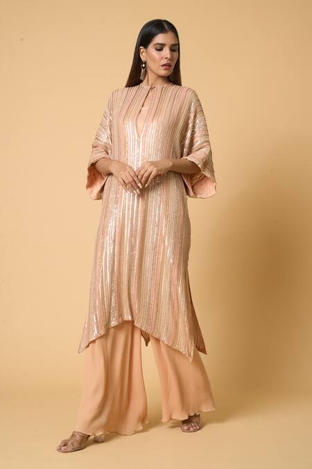 Buy Nakul Sen Peach Chiffon, Silk Beads V-neck Striped Pattern Sequined Kaftan Palazzo Set Buy_Nakul Sen_Peach Chiffon, Silk Beads V-neck Striped Pattern Sequined Kaftan Palazzo Set