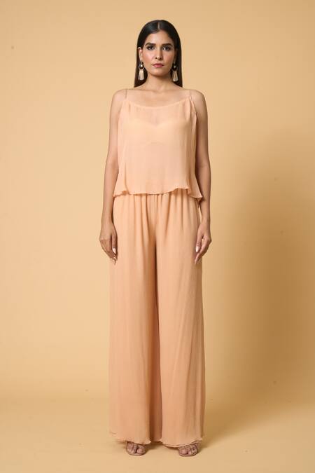 Shop Nakul Sen Peach Chiffon, Silk Beads V-neck Striped Pattern Sequined Kaftan Palazzo Set Shop_Nakul Sen_Peach Chiffon, Silk Beads V-neck Striped Pattern Sequined Kaftan Palazzo Set