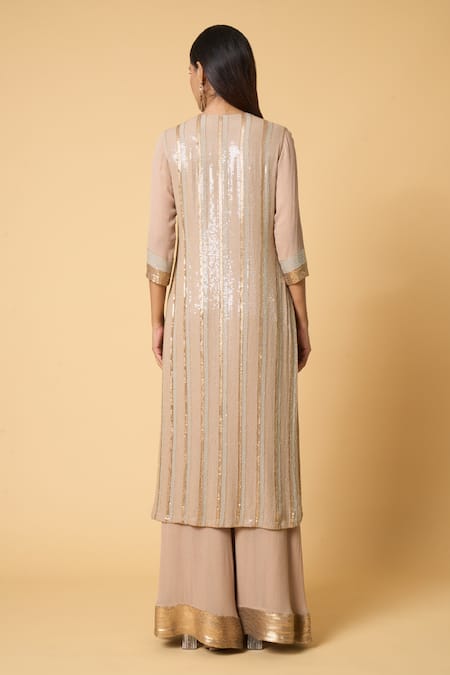 Shop Nakul Sen Beige Silk, Chiffon Sequins Keyhole Neck Striped Kurta Palazzo Set at Aza Fashions Shop_Nakul Sen_Beige Silk, Chiffon Sequins Keyhole Neck Striped Kurta Palazzo Set _at_Aza_Fashions