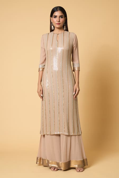 Nakul Sen Beige Silk, Chiffon Sequins Keyhole Neck Striped Kurta Palazzo Set Online at Aza Fashions Nakul Sen_Beige Silk, Chiffon Sequins Keyhole Neck Striped Kurta Palazzo Set _Online_at_Aza_Fashions