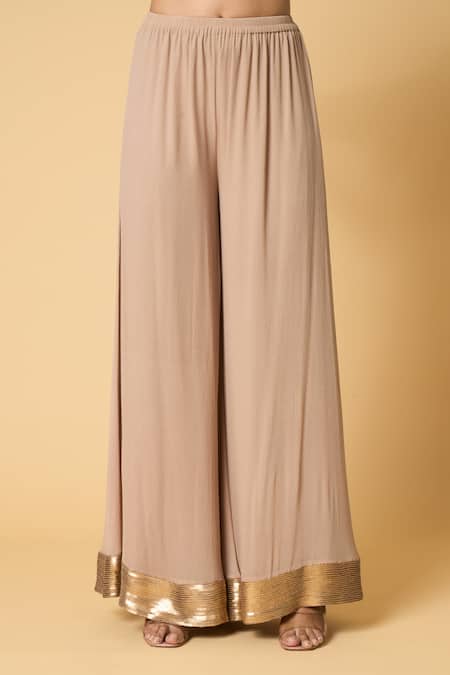 Buy Nakul Sen Beige Silk, Chiffon Sequins Keyhole Neck Striped Kurta Palazzo Set Online at Aza Fashions Buy_Nakul Sen_Beige Silk, Chiffon Sequins Keyhole Neck Striped Kurta Palazzo Set _Online_at_Aza_Fashions