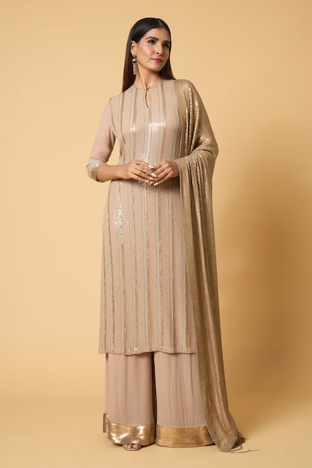 Shop Nakul Sen Beige Silk, Chiffon Sequins Keyhole Neck Striped Kurta Palazzo Set Online at Aza Fashions Shop_Nakul Sen_Beige Silk, Chiffon Sequins Keyhole Neck Striped Kurta Palazzo Set _Online_at_Aza_Fashions