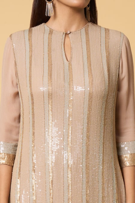 Buy Nakul Sen Beige Silk, Chiffon Sequins Keyhole Neck Striped Kurta Palazzo Set Buy_Nakul Sen_Beige Silk, Chiffon Sequins Keyhole Neck Striped Kurta Palazzo Set