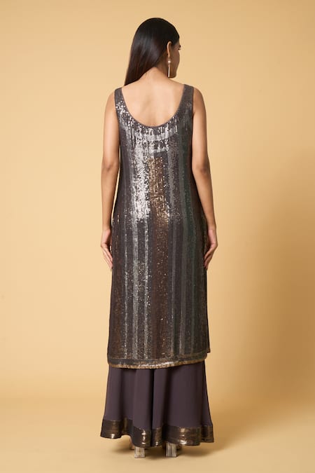 Shop Nakul Sen Grey Silk, Chiffon Embroidery, Sequins Scoop Striped Kurta Farshi Palazzo Set at Aza Fashions Shop_Nakul Sen_Grey Silk, Chiffon Embroidery, Sequins Scoop Striped Kurta Farshi Palazzo Set _at_Aza_Fashions