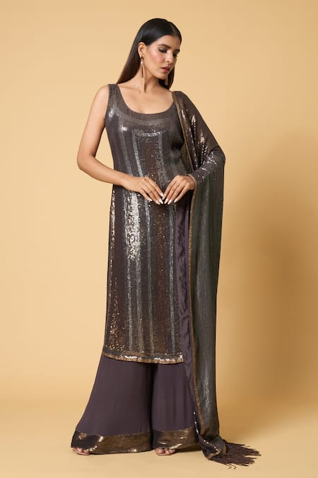 Nakul Sen Grey Silk, Chiffon Embroidery, Sequins Scoop Striped Kurta Farshi Palazzo Set Online at Aza Fashions Nakul Sen_Grey Silk, Chiffon Embroidery, Sequins Scoop Striped Kurta Farshi Palazzo Set _Online_at_Aza_Fashions