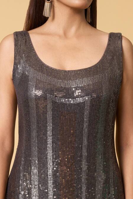 Shop Nakul Sen Grey Silk, Chiffon Embroidery, Sequins Scoop Striped Kurta Farshi Palazzo Set Online at Aza Fashions Shop_Nakul Sen_Grey Silk, Chiffon Embroidery, Sequins Scoop Striped Kurta Farshi Palazzo Set _Online_at_Aza_Fashions