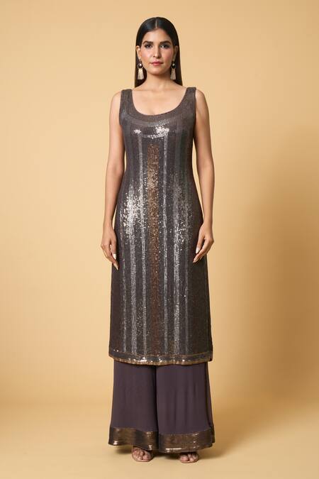 Buy Nakul Sen Grey Silk, Chiffon Embroidery, Sequins Scoop Striped Kurta Farshi Palazzo Set Buy_Nakul Sen_Grey Silk, Chiffon Embroidery, Sequins Scoop Striped Kurta Farshi Palazzo Set