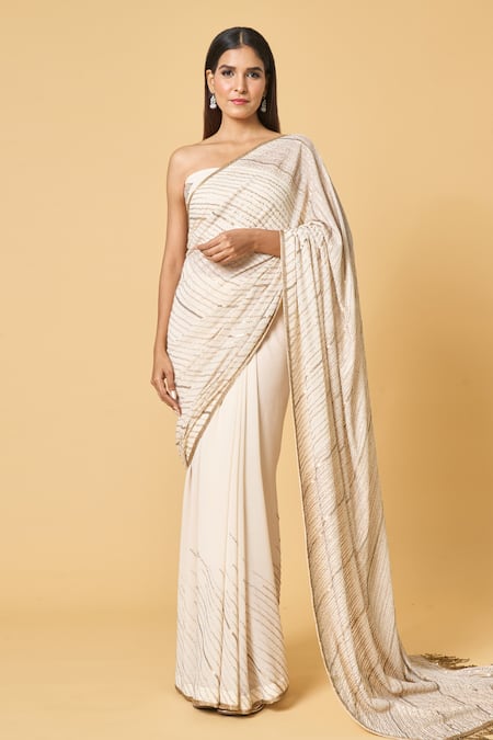 Nakul Sen Ivory 100% Silk Chiffon Embroidered Diagonal Saree With Unstitched Bouse Piece