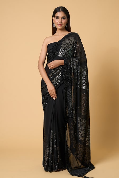 Nakul Sen Black 100% Silk Chiffon Embroidered Sequins Saree With Unstitched Bouse Piece