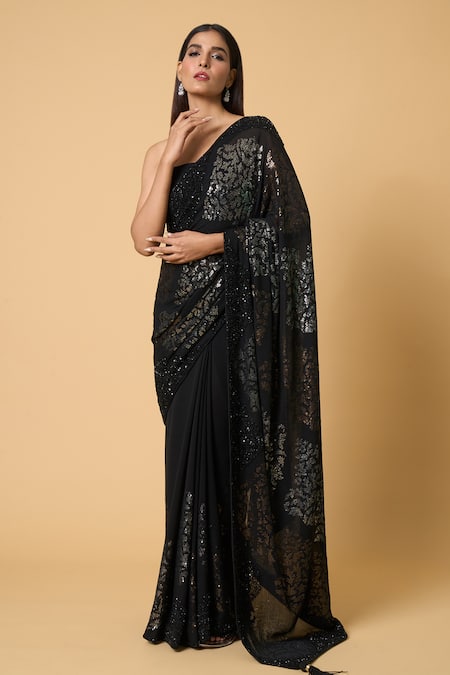 Nakul Sen Black Silk, Chiffon Sequins Embroidered Saree With Unstitched Bouse Piece Online at Aza Fashions Nakul Sen_Black Silk, Chiffon Sequins Embroidered Saree With Unstitched Bouse Piece _Online_at_Aza_Fashions