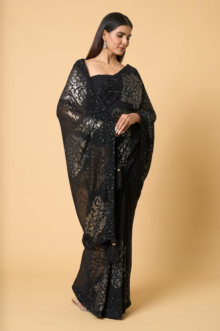 Buy Nakul Sen Black Silk, Chiffon Sequins Embroidered Saree With Unstitched Bouse Piece Online at Aza Fashions Buy_Nakul Sen_Black Silk, Chiffon Sequins Embroidered Saree With Unstitched Bouse Piece _Online_at_Aza_Fashions
