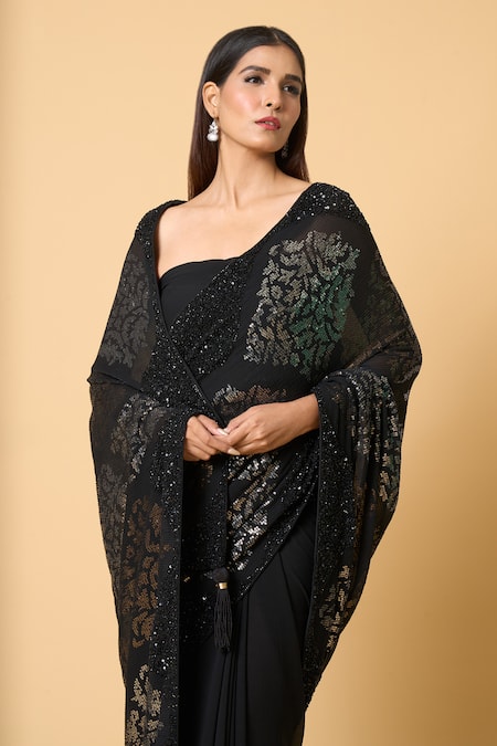 Shop Nakul Sen Black Silk, Chiffon Sequins Embroidered Saree With Unstitched Bouse Piece Online at Aza Fashions Shop_Nakul Sen_Black Silk, Chiffon Sequins Embroidered Saree With Unstitched Bouse Piece _Online_at_Aza_Fashions