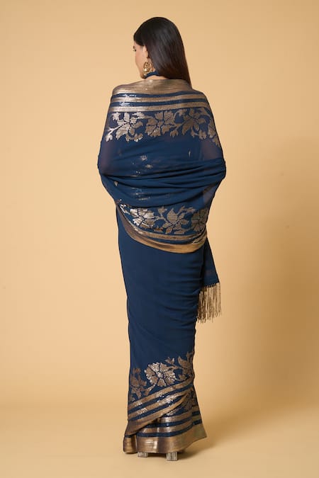 Shop Nakul Sen Blue Silk, Chiffon Sequins, Embroidery Floral Saree With Unstitched Bouse Piece at Aza Fashions Shop_Nakul Sen_Blue Silk, Chiffon Sequins, Embroidery Floral Saree With Unstitched Bouse Piece _at_Aza_Fashions
