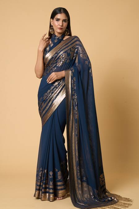 Buy Nakul Sen Blue Silk, Chiffon Sequins, Embroidery Floral Saree With Unstitched Bouse Piece Online at Aza Fashions Buy_Nakul Sen_Blue Silk, Chiffon Sequins, Embroidery Floral Saree With Unstitched Bouse Piece _Online_at_Aza_Fashions
