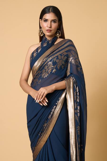 Shop Nakul Sen Blue Silk, Chiffon Sequins, Embroidery Floral Saree With Unstitched Bouse Piece Online at Aza Fashions Shop_Nakul Sen_Blue Silk, Chiffon Sequins, Embroidery Floral Saree With Unstitched Bouse Piece _Online_at_Aza_Fashions