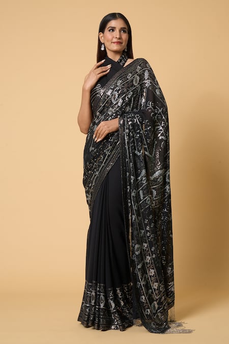 Nakul Sen Black 100% Silk Chiffon Embroidered Saree With Sequin Unstitched Blouse Piece