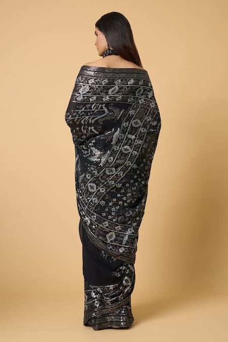 Shop Nakul Sen Black Silk, Chiffon Sequins Saree With Striped Unstitched Blouse Piece at Aza Fashions Shop_Nakul Sen_Black Silk, Chiffon Sequins Saree With Striped Unstitched Blouse Piece _at_Aza_Fashions