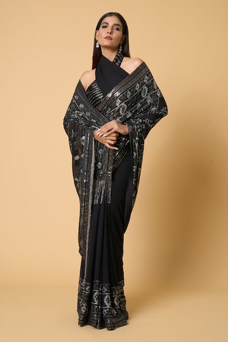 Buy Nakul Sen Black Silk, Chiffon Sequins Saree With Striped Unstitched Blouse Piece Online at Aza Fashions Buy_Nakul Sen_Black Silk, Chiffon Sequins Saree With Striped Unstitched Blouse Piece _Online_at_Aza_Fashions