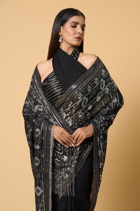Shop Nakul Sen Black Silk, Chiffon Sequins Saree With Striped Unstitched Blouse Piece Online at Aza Fashions Shop_Nakul Sen_Black Silk, Chiffon Sequins Saree With Striped Unstitched Blouse Piece _Online_at_Aza_Fashions