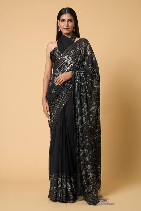 Buy Nakul Sen Black Silk, Chiffon Sequins Saree With Striped Unstitched Blouse Piece Buy_Nakul Sen_Black Silk, Chiffon Sequins Saree With Striped Unstitched Blouse Piece
