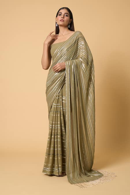 Nakul Sen Green 100% Silk Chiffon Embroidered Sequin Saree With Unstitched Blouse Piece