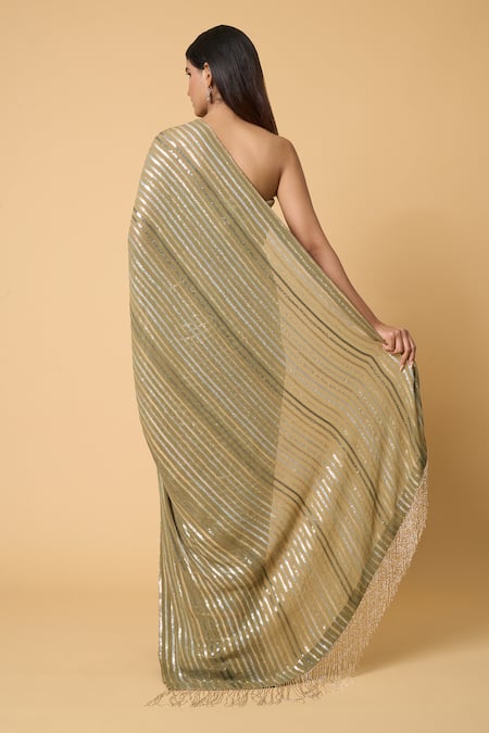 Shop Nakul Sen Green Silk, Chiffon Sequins Striped Saree With Unstitched Blouse Piece at Aza Fashions Shop_Nakul Sen_Green Silk, Chiffon Sequins Striped Saree With Unstitched Blouse Piece _at_Aza_Fashions