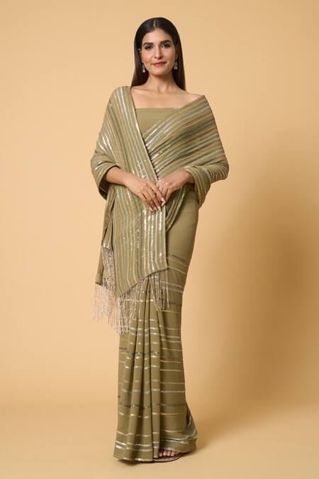 Nakul Sen Green Silk, Chiffon Sequins Striped Saree With Unstitched Blouse Piece Online at Aza Fashions Nakul Sen_Green Silk, Chiffon Sequins Striped Saree With Unstitched Blouse Piece _Online_at_Aza_Fashions