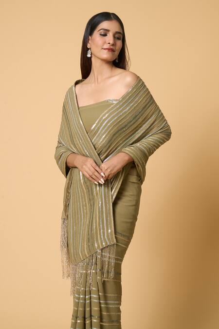 Buy Nakul Sen Green Silk, Chiffon Sequins Striped Saree With Unstitched Blouse Piece Online at Aza Fashions Buy_Nakul Sen_Green Silk, Chiffon Sequins Striped Saree With Unstitched Blouse Piece _Online_at_Aza_Fashions