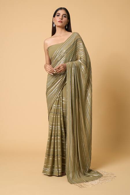 Buy Nakul Sen Green Silk, Chiffon Sequins Striped Saree With Unstitched Blouse Piece Buy_Nakul Sen_Green Silk, Chiffon Sequins Striped Saree With Unstitched Blouse Piece