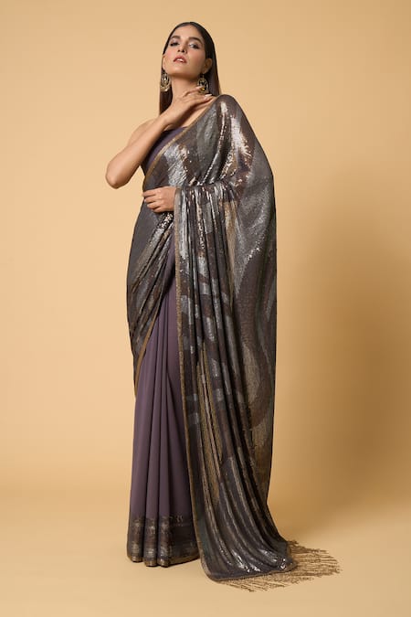 Nakul Sen Grey 100% Silk Chiffon Embroidered Wave Saree With Unstitched Blouse Piece 