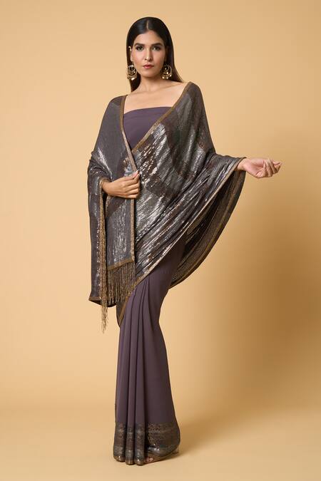 Shop Nakul Sen Grey Silk, Chiffon Sequins Wave Saree With Unstitched Blouse Piece Online at Aza Fashions Shop_Nakul Sen_Grey Silk, Chiffon Sequins Wave Saree With Unstitched Blouse Piece _Online_at_Aza_Fashions