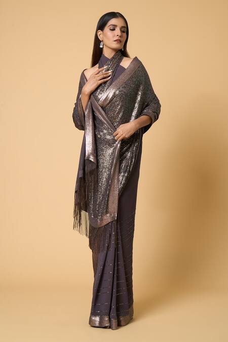 Shop Nakul Sen Grey Silk, Chiffon Sequins Saree With Unstitched Blouse Piece Online at Aza Fashions Shop_Nakul Sen_Grey Silk, Chiffon Sequins Saree With Unstitched Blouse Piece _Online_at_Aza_Fashions