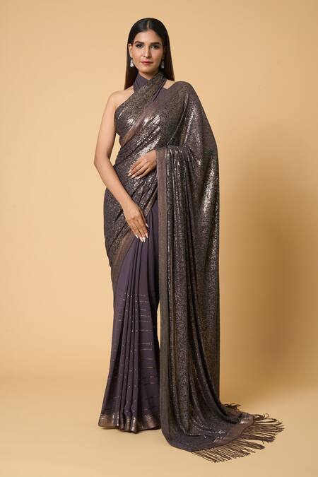 Nakul Sen Grey Silk, Chiffon Sequins Saree With Unstitched Blouse Piece at Aza Fashions Nakul Sen_Grey Silk, Chiffon Sequins Saree With Unstitched Blouse Piece _at_Aza_Fashions