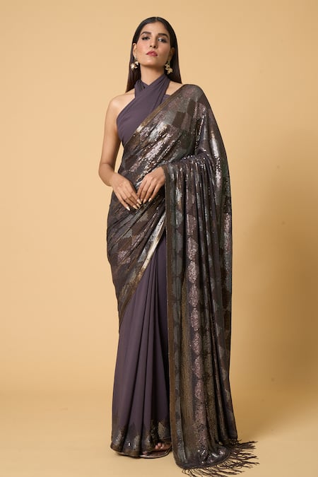 Buy Nakul Sen Grey Silk, Chiffon Sequins Diamond Pattern Saree With Unstitched Blouse Piece Buy_Nakul Sen_Grey Silk, Chiffon Sequins Diamond Pattern Saree With Unstitched Blouse Piece