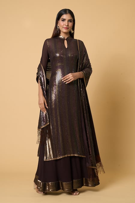 Nakul Sen Brown 100% Silk Chiffon Embroidered Sequins Striped Kurta Farshi Palazzo Set