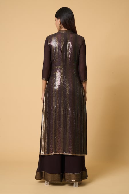 Shop Nakul Sen Brown Silk, Chiffon Sequins, Embroidery Striped Kurta Farshi Palazzo Set at Aza Fashions Shop_Nakul Sen_Brown Silk, Chiffon Sequins, Embroidery Striped Kurta Farshi Palazzo Set _at_Aza_Fashions