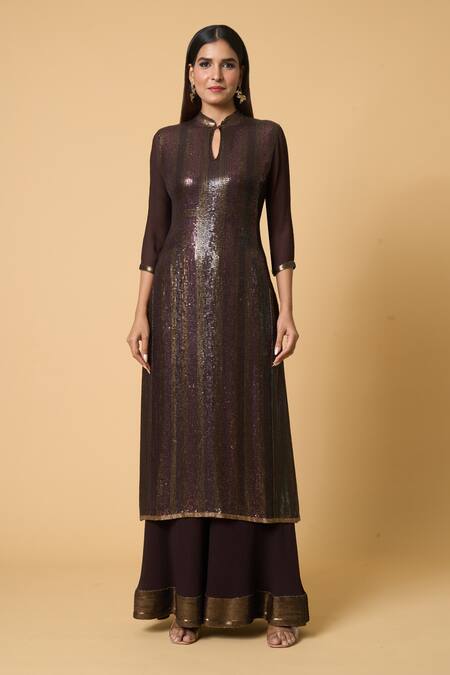 Nakul Sen Brown Silk, Chiffon Sequins, Embroidery Striped Kurta Farshi Palazzo Set Online at Aza Fashions Nakul Sen_Brown Silk, Chiffon Sequins, Embroidery Striped Kurta Farshi Palazzo Set _Online_at_Aza_Fashions