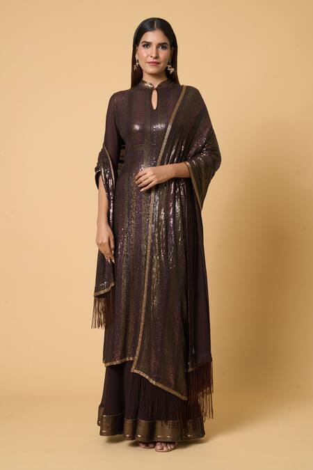 Buy Nakul Sen Brown Silk, Chiffon Sequins, Embroidery Striped Kurta Farshi Palazzo Set Online at Aza Fashions Buy_Nakul Sen_Brown Silk, Chiffon Sequins, Embroidery Striped Kurta Farshi Palazzo Set _Online_at_Aza_Fashions