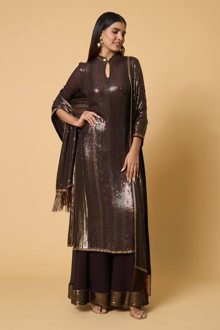 Shop Nakul Sen Brown Silk, Chiffon Sequins, Embroidery Striped Kurta Farshi Palazzo Set Online at Aza Fashions Shop_Nakul Sen_Brown Silk, Chiffon Sequins, Embroidery Striped Kurta Farshi Palazzo Set _Online_at_Aza_Fashions