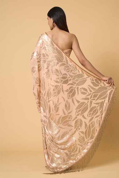 Shop Nakul Sen Peach Silk, Chiffon Sequins Lotus Saree With Unstitched Blouse Piece at Aza Fashions Shop_Nakul Sen_Peach Silk, Chiffon Sequins Lotus Saree With Unstitched Blouse Piece _at_Aza_Fashions