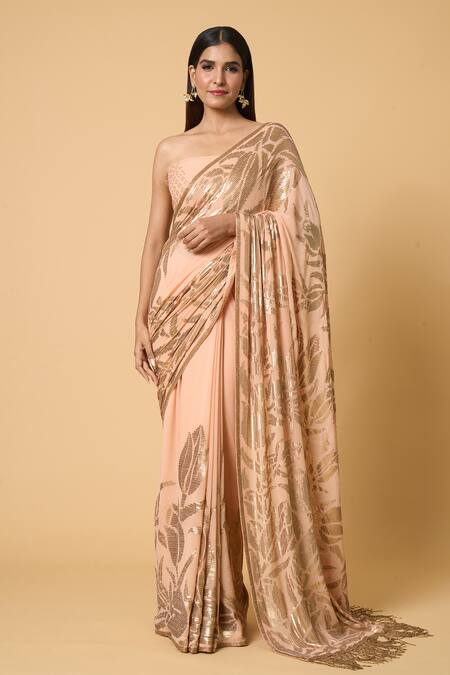 Nakul Sen Peach Silk, Chiffon Sequins Lotus Saree With Unstitched Blouse Piece Online at Aza Fashions Nakul Sen_Peach Silk, Chiffon Sequins Lotus Saree With Unstitched Blouse Piece _Online_at_Aza_Fashions