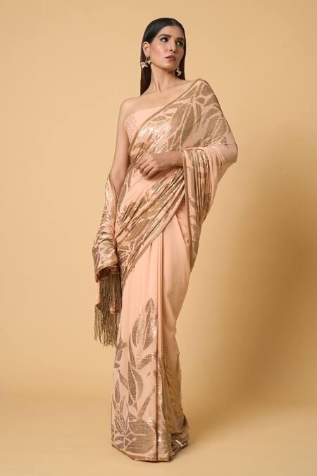 Buy Nakul Sen Peach Silk, Chiffon Sequins Lotus Saree With Unstitched Blouse Piece Online at Aza Fashions Buy_Nakul Sen_Peach Silk, Chiffon Sequins Lotus Saree With Unstitched Blouse Piece _Online_at_Aza_Fashions