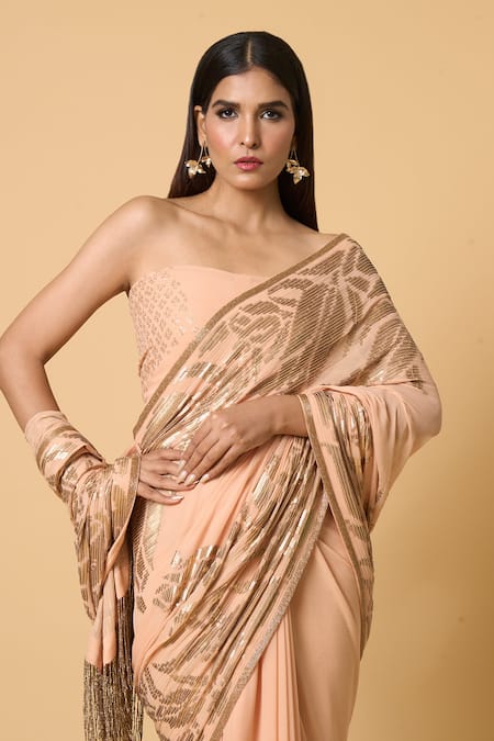 Shop Nakul Sen Peach Silk, Chiffon Sequins Lotus Saree With Unstitched Blouse Piece Online at Aza Fashions Shop_Nakul Sen_Peach Silk, Chiffon Sequins Lotus Saree With Unstitched Blouse Piece _Online_at_Aza_Fashions