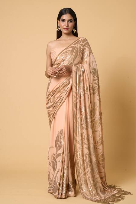 Buy Nakul Sen Peach Silk, Chiffon Sequins Lotus Saree With Unstitched Blouse Piece Buy_Nakul Sen_Peach Silk, Chiffon Sequins Lotus Saree With Unstitched Blouse Piece