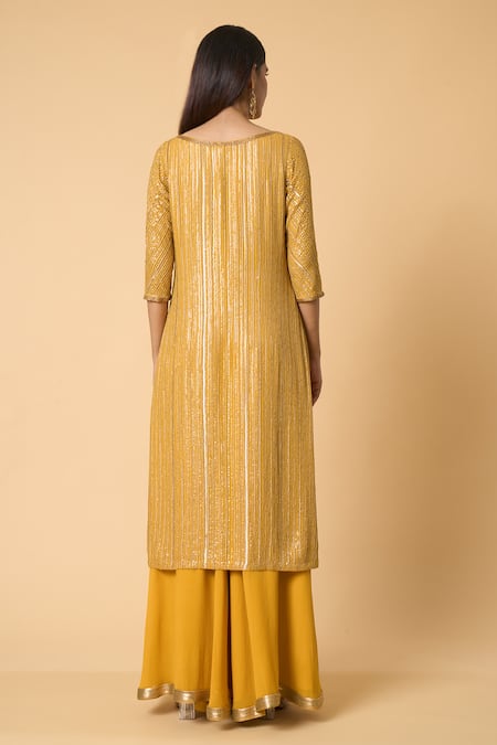 Shop Nakul Sen Yellow Silk, Chiffon Sequins Round Neck Metallic Kurta Palazzo Set at Aza Fashions Shop_Nakul Sen_Yellow Silk, Chiffon Sequins Round Neck Metallic Kurta Palazzo Set _at_Aza_Fashions
