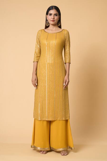 Nakul Sen Yellow Silk, Chiffon Sequins Round Neck Metallic Kurta Palazzo Set Online at Aza Fashions Nakul Sen_Yellow Silk, Chiffon Sequins Round Neck Metallic Kurta Palazzo Set _Online_at_Aza_Fashions