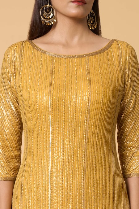 Buy Nakul Sen Yellow Silk, Chiffon Sequins Round Neck Metallic Kurta Palazzo Set Online at Aza Fashions Buy_Nakul Sen_Yellow Silk, Chiffon Sequins Round Neck Metallic Kurta Palazzo Set _Online_at_Aza_Fashions