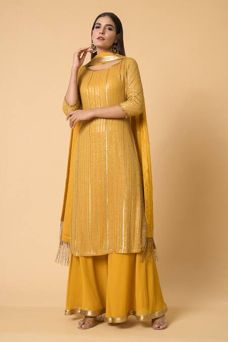 Nakul Sen Yellow Silk, Chiffon Sequins Round Neck Metallic Kurta Palazzo Set at Aza Fashions Nakul Sen_Yellow Silk, Chiffon Sequins Round Neck Metallic Kurta Palazzo Set _at_Aza_Fashions