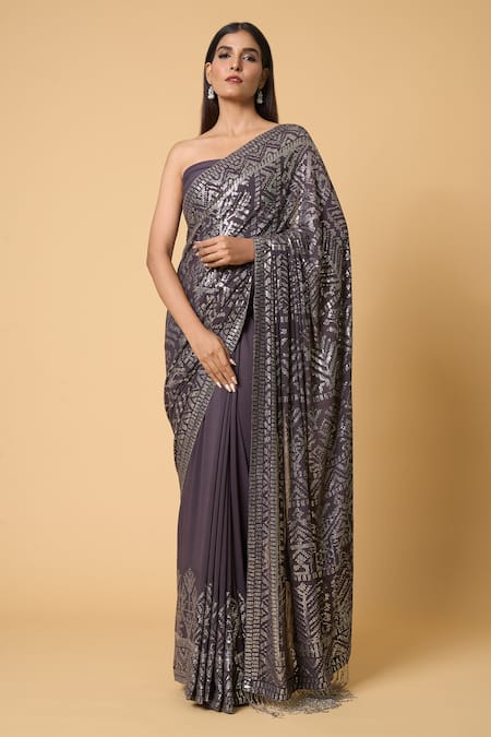 Nakul Sen Grey 100% Silk Chiffon Embroidered Sequined Saree With Unstitched Blouse Piece