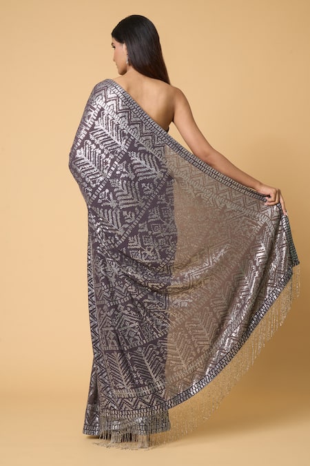 Nakul Sen Geometric Sequined Saree With Unstitched Blouse Piece 